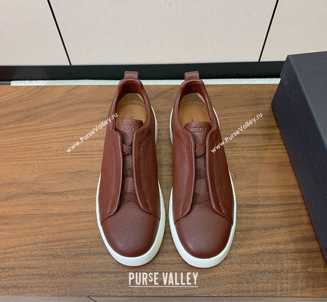 Zegna Mens Grained Leather Sneakers Dark Brown 2026 0204 (HH-260224018)