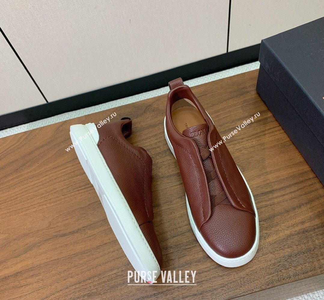 Zegna Mens Grained Leather Sneakers Dark Brown 2026 0204 (HH-260224018)