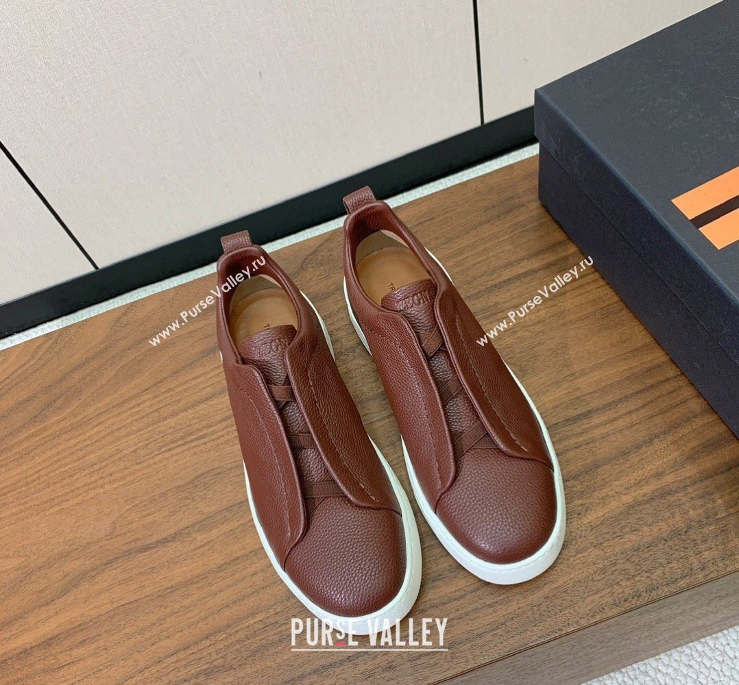 Zegna Mens Grained Leather Sneakers Dark Brown 2026 0204 (HH-260224018)