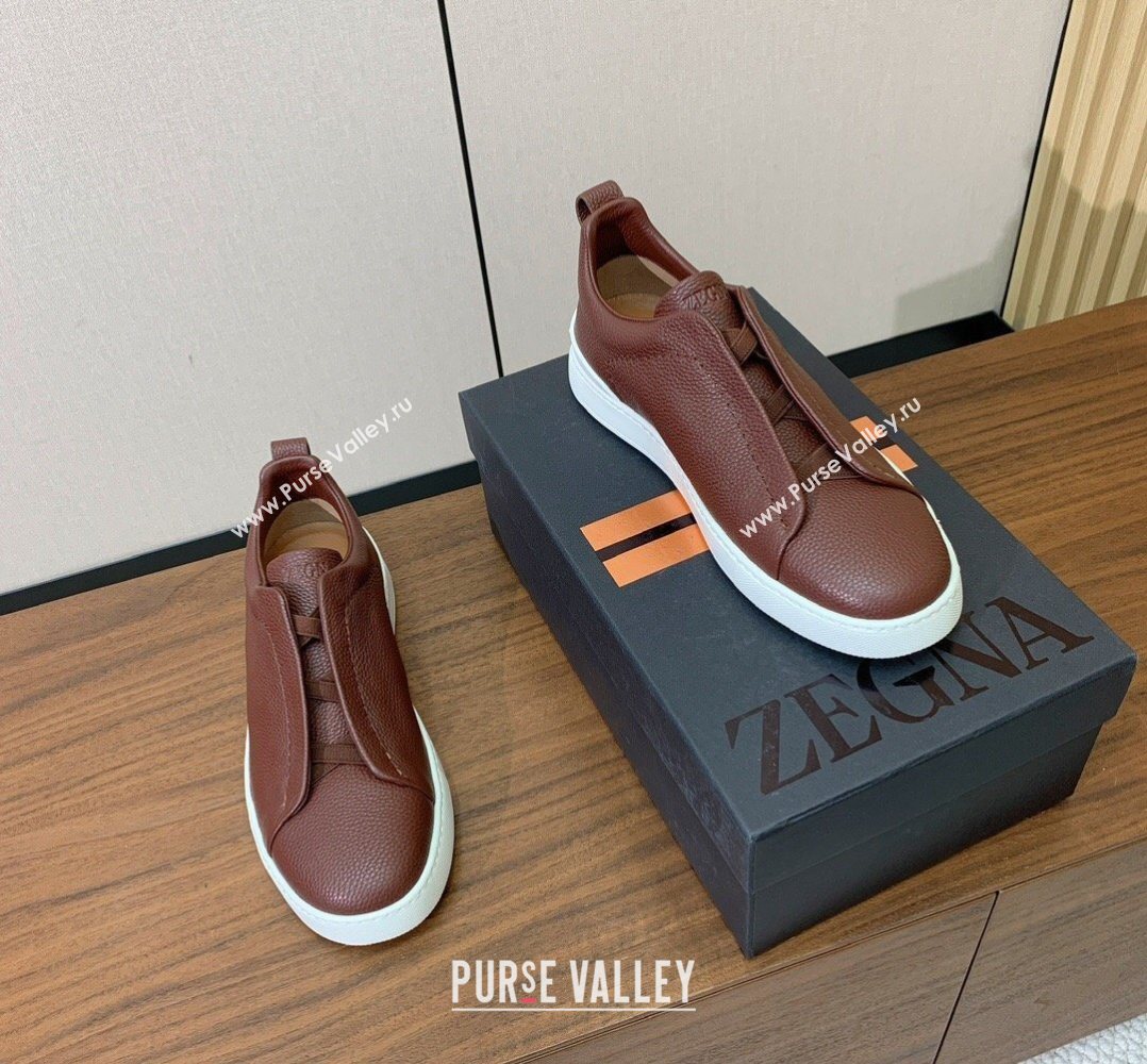 Zegna Mens Grained Leather Sneakers Dark Brown 2026 0204 (HH-260224018)