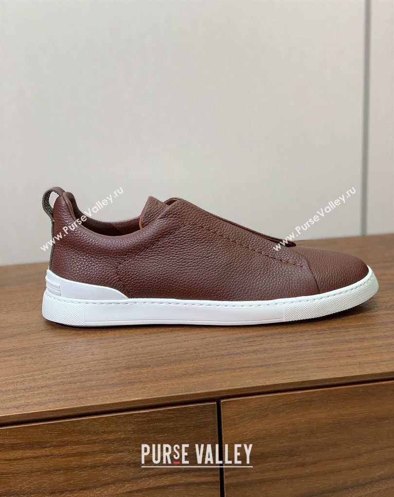 Zegna Mens Grained Leather Sneakers Dark Brown 2026 0204 (HH-260224018)