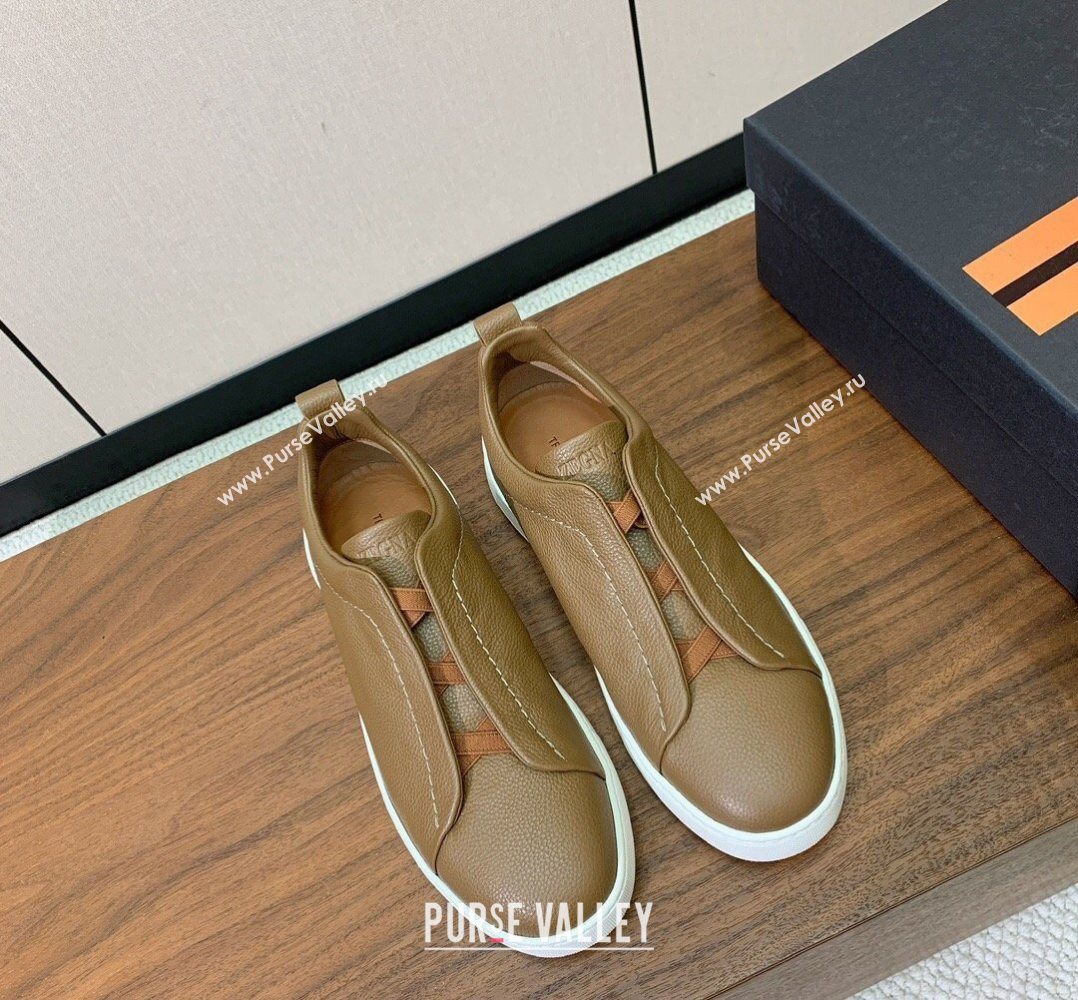 Zegna Mens Grained Leather Sneakers Light Brown 2026 0204 (HH-260224019)