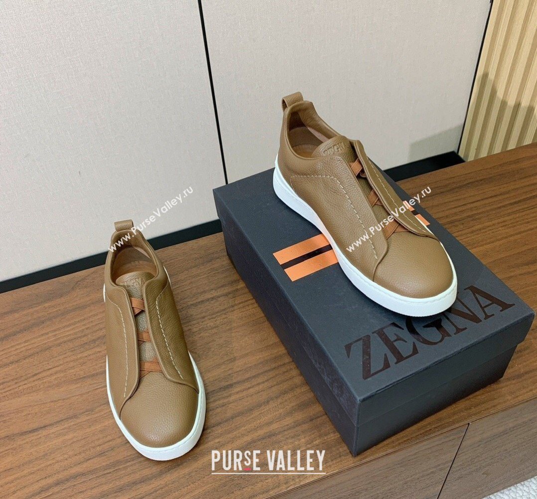 Zegna Mens Grained Leather Sneakers Light Brown 2026 0204 (HH-260224019)