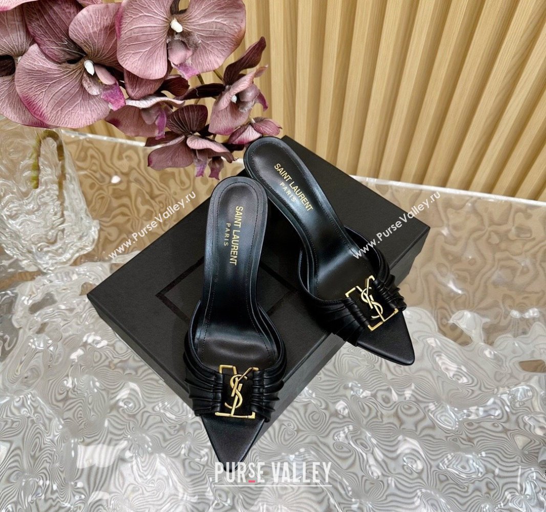 Saint Laurent Babylon Heel Slides Sandal 9cm in Calf Leather with Framed YSL Black 2024 (MD-240725012)