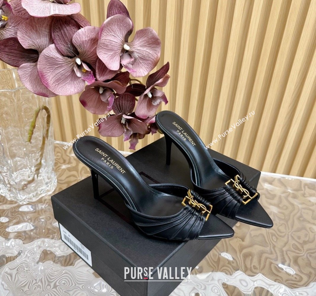 Saint Laurent Babylon Heel Slides Sandal 9cm in Calf Leather with Framed YSL Black 2024 (MD-240725012)