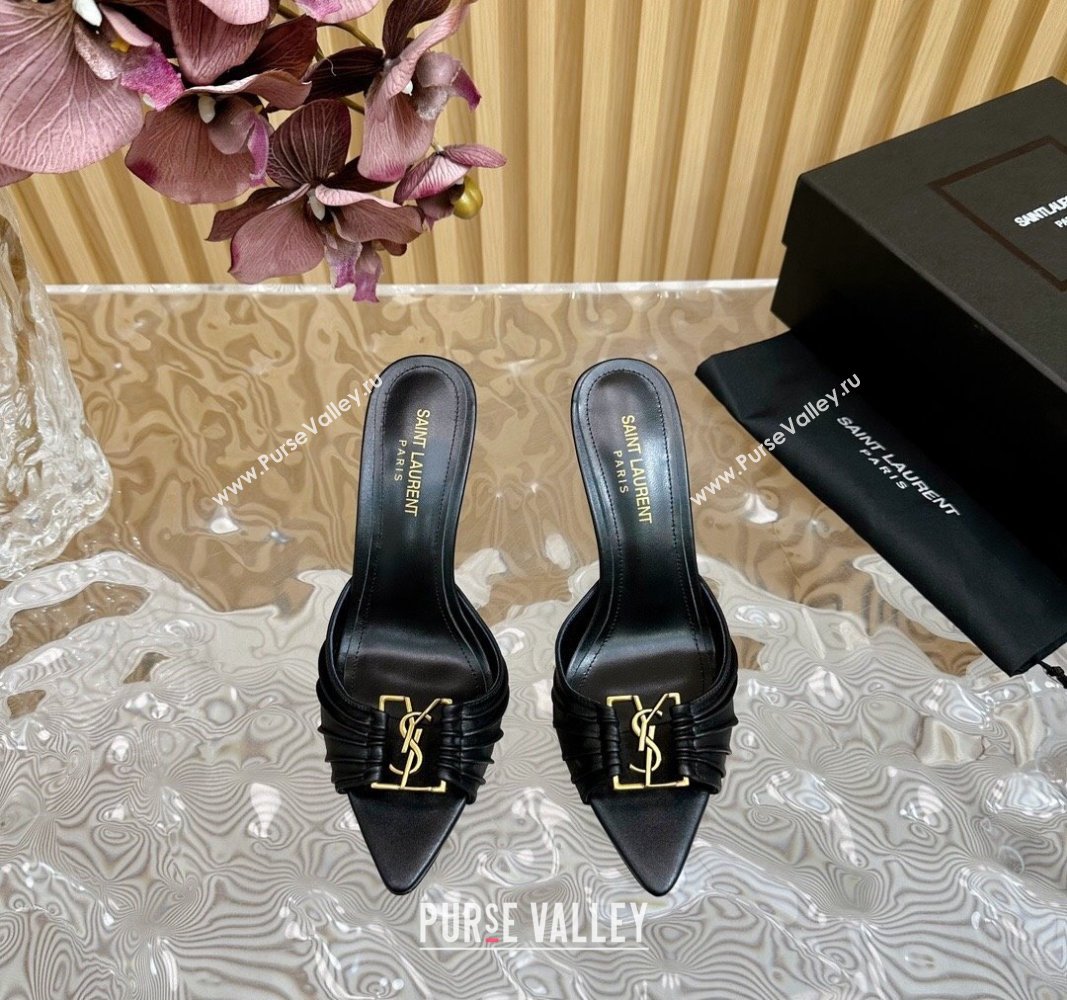 Saint Laurent Babylon Heel Slides Sandal 9cm in Calf Leather with Framed YSL Black 2024 (MD-240725012)