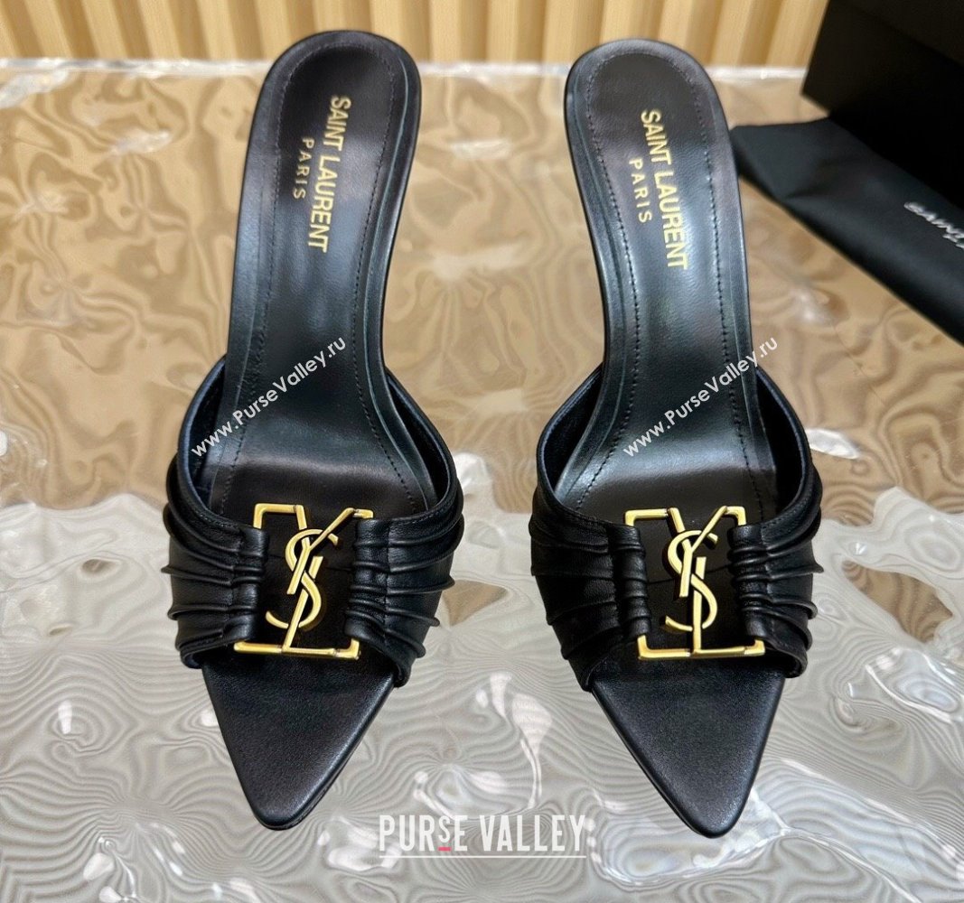 Saint Laurent Babylon Heel Slides Sandal 9cm in Calf Leather with Framed YSL Black 2024 (MD-240725012)