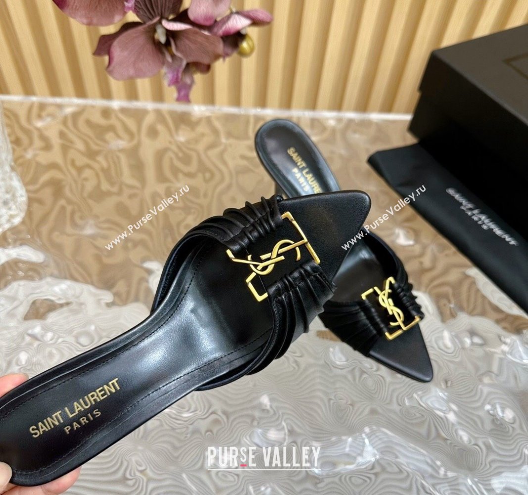 Saint Laurent Babylon Heel Slides Sandal 9cm in Calf Leather with Framed YSL Black 2024 (MD-240725012)