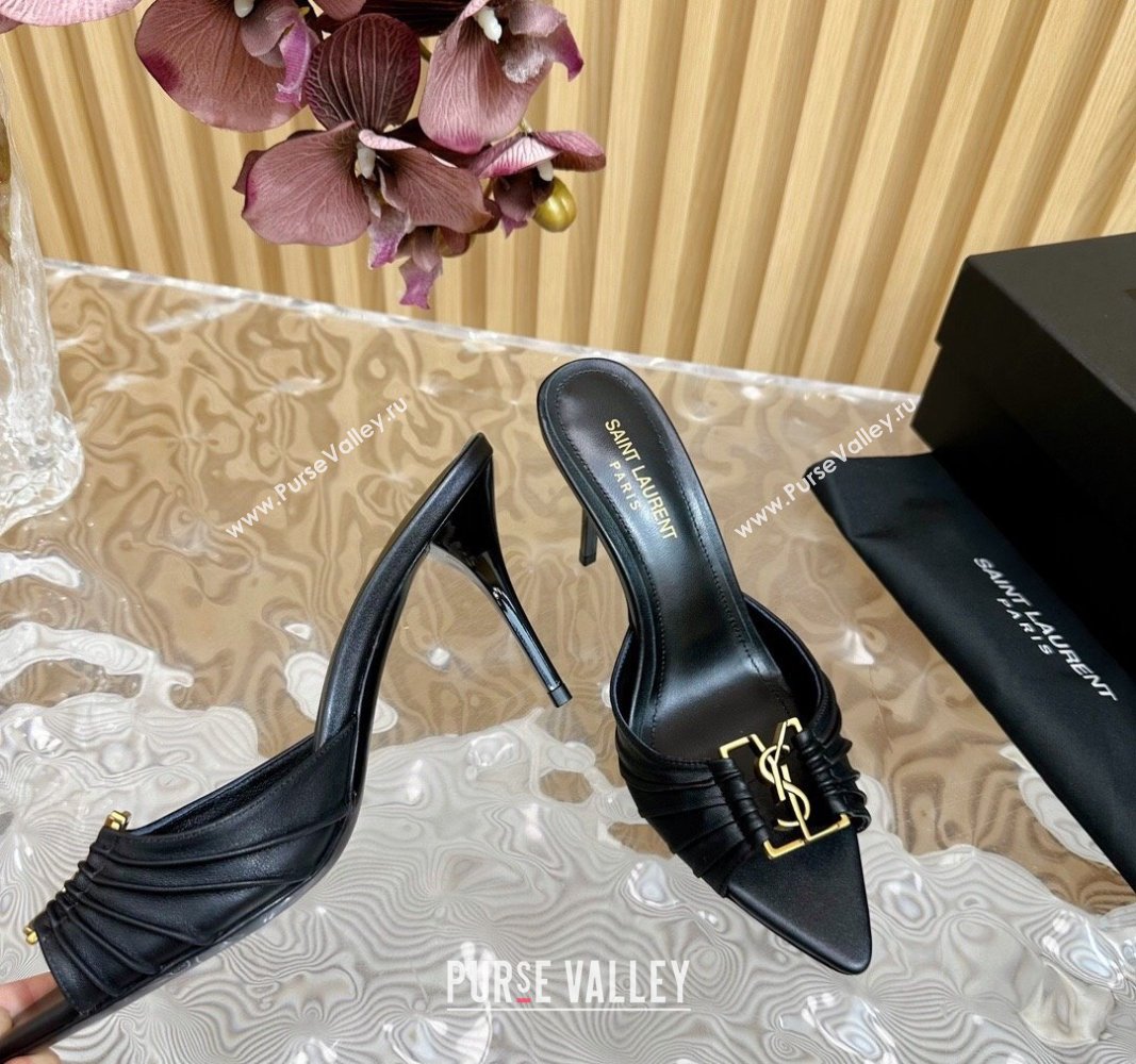 Saint Laurent Babylon Heel Slides Sandal 9cm in Calf Leather with Framed YSL Black 2024 (MD-240725012)