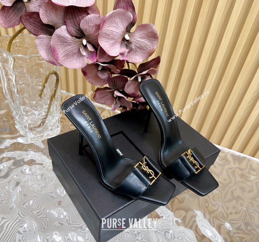 Saint Laurent Babylon Heel Slides Sandal 11.5cm in Calf Leather with Framed YSL Black 2024 (MD-240725015)