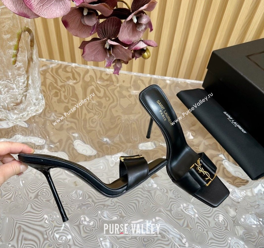 Saint Laurent Babylon Heel Slides Sandal 11.5cm in Calf Leather with Framed YSL Black 2024 (MD-240725015)