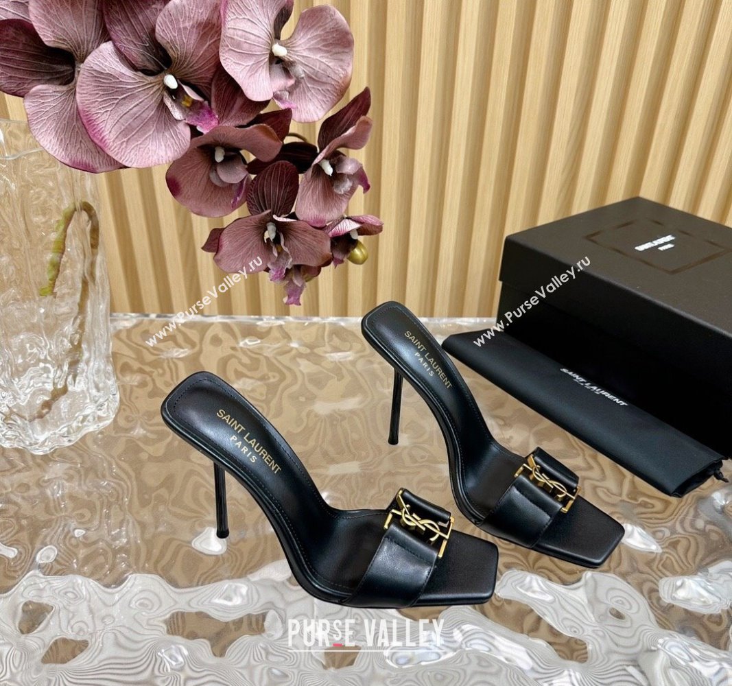 Saint Laurent Babylon Heel Slides Sandal 11.5cm in Calf Leather with Framed YSL Black 2024 (MD-240725015)