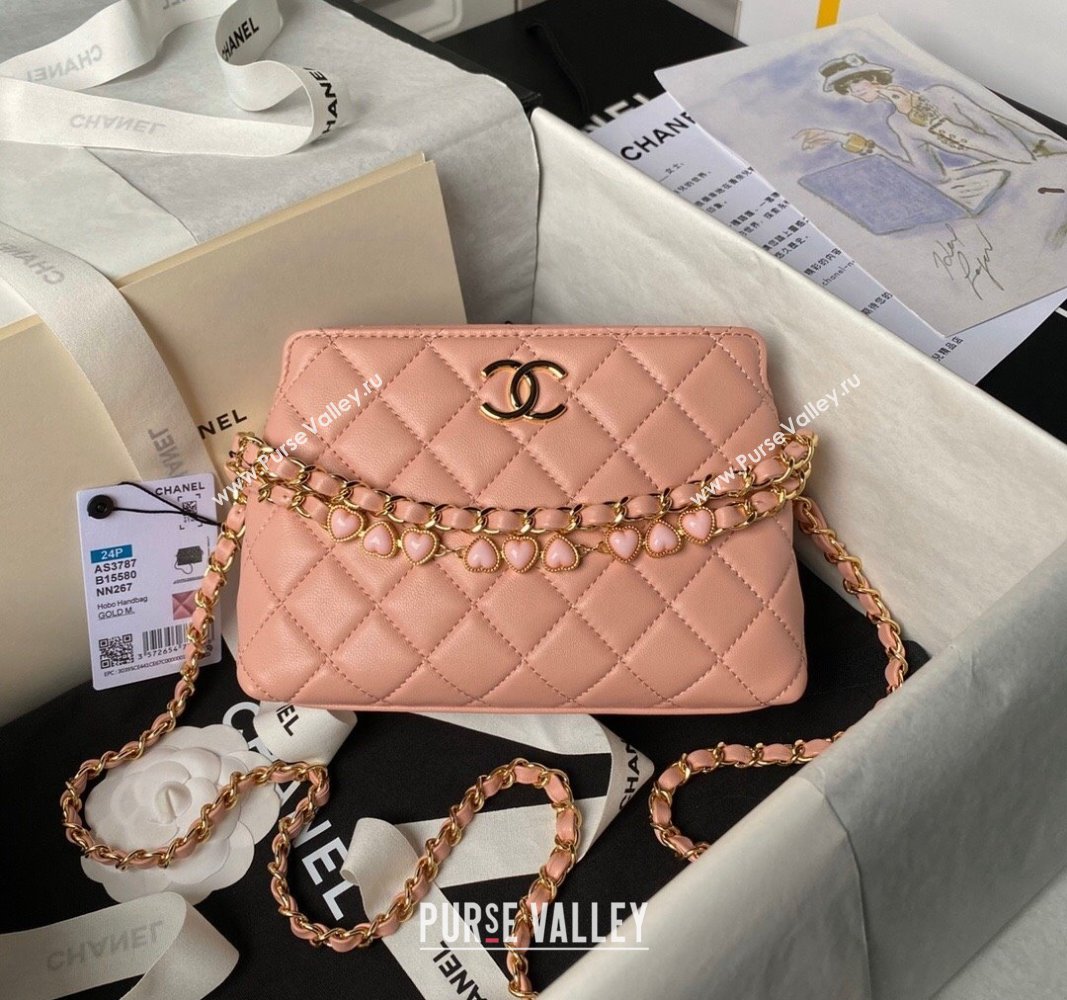 Chanel Shiny Crumpled Calfskin Clutch with Heart Chain AP3787 Light Pink 2024 (yezi-240717071)