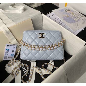 Chanel Shiny Crumpled Calfskin Clutch with Heart Chain AP3787 Light Blue 2024 (yezi-240717072)