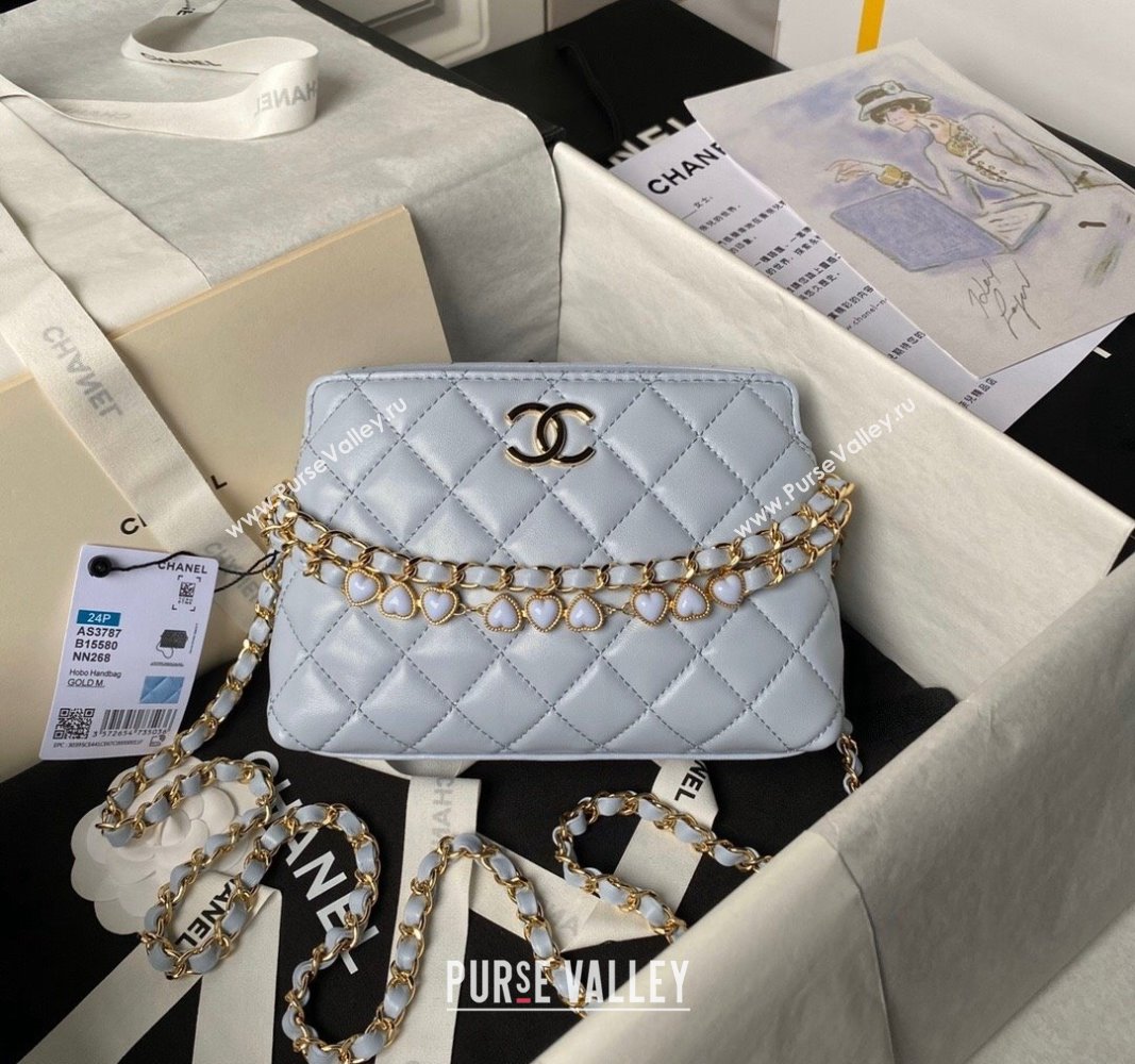 Chanel Shiny Crumpled Calfskin Clutch with Heart Chain AP3787 Light Blue 2024 (yezi-240717072)