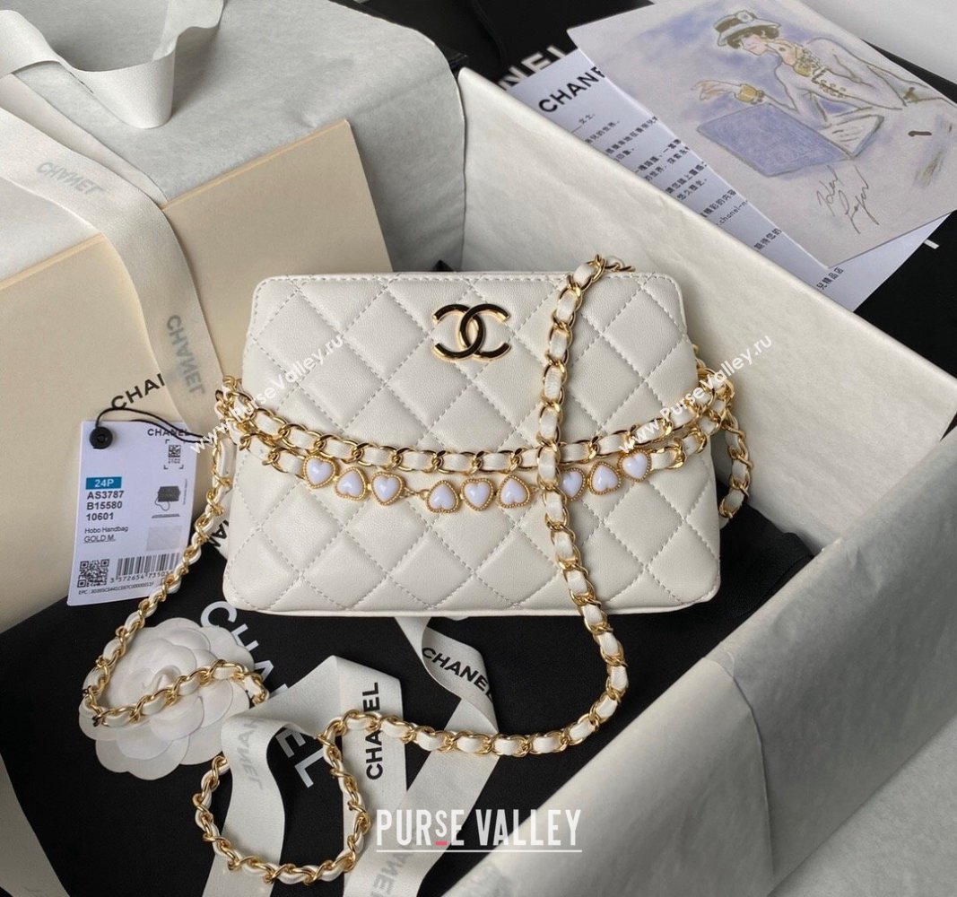 Chanel Shiny Crumpled Calfskin Clutch with Heart Chain AP3787 White 2024 (yezi-240717073)