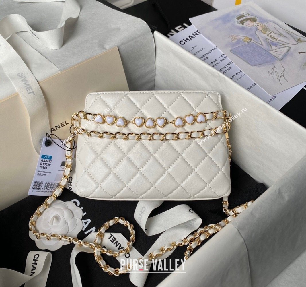 Chanel Shiny Crumpled Calfskin Clutch with Heart Chain AP3787 White 2024 (yezi-240717073)