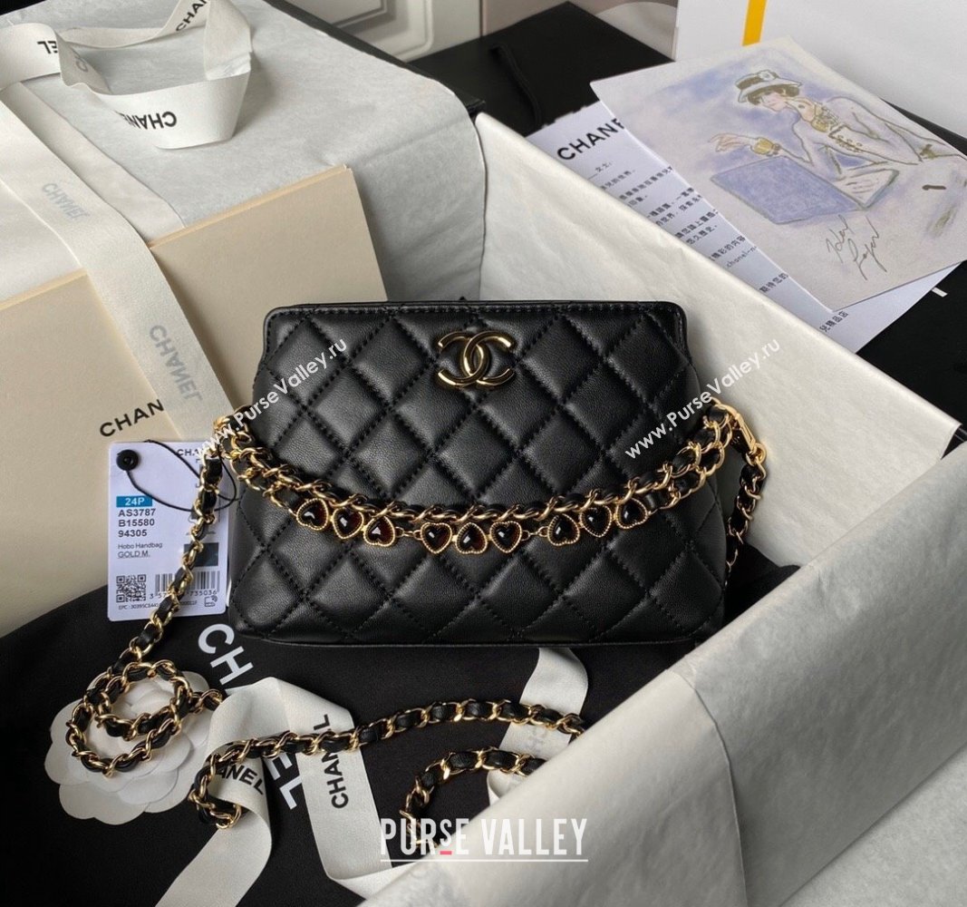 Chanel Shiny Crumpled Calfskin Clutch with Heart Chain AP3787 Black 2024 (yezi-240717074)