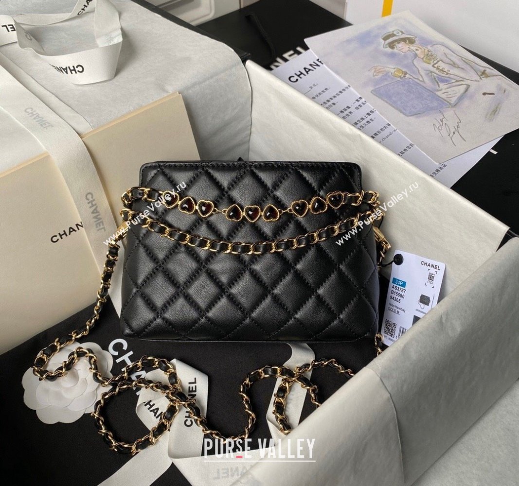 Chanel Shiny Crumpled Calfskin Clutch with Heart Chain AP3787 Black 2024 (yezi-240717074)