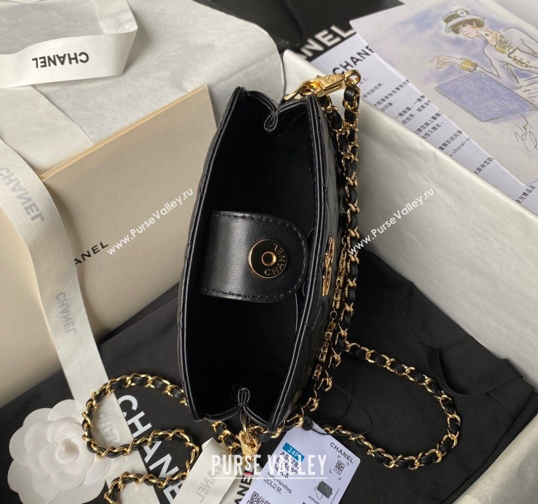 Chanel Shiny Crumpled Calfskin Clutch with Heart Chain AP3787 Black 2024 (yezi-240717074)