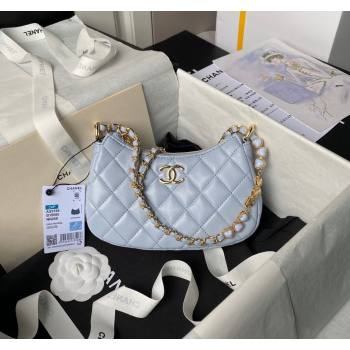 Chanel Shiny Crumpled Calfskin Hobo Clutch with Heart Chain AP3786 Light Blue 2024 (yezi-240717075)