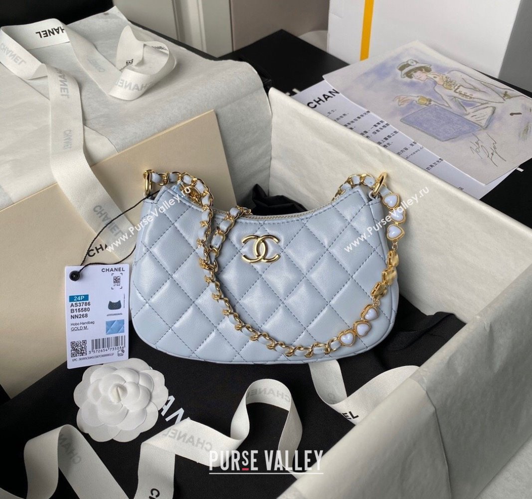 Chanel Shiny Crumpled Calfskin Hobo Clutch with Heart Chain AP3786 Light Blue 2024 (yezi-240717075)