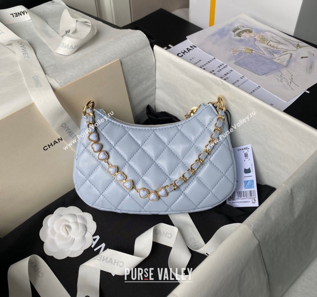 Chanel Shiny Crumpled Calfskin Hobo Clutch with Heart Chain AP3786 Light Blue 2024 (yezi-240717075)