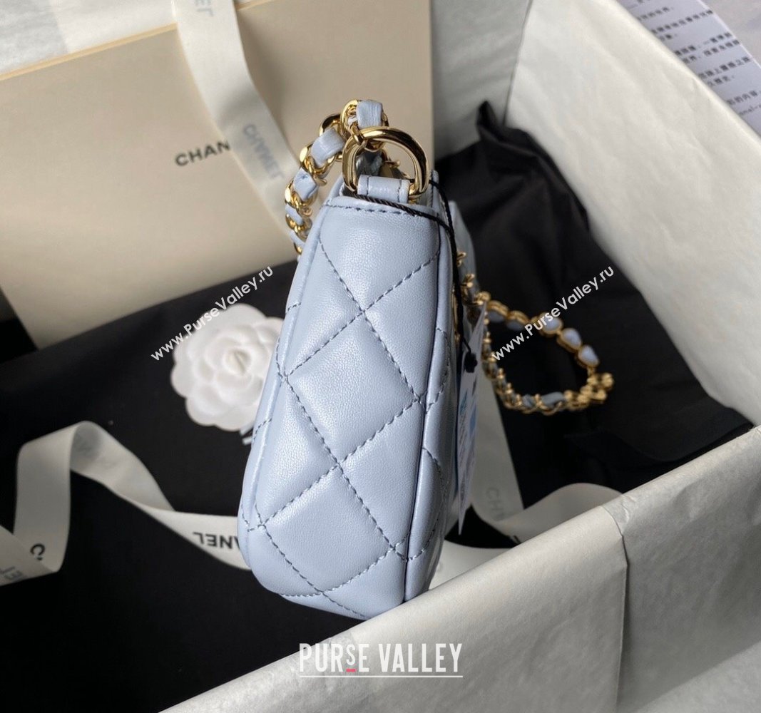 Chanel Shiny Crumpled Calfskin Hobo Clutch with Heart Chain AP3786 Light Blue 2024 (yezi-240717075)