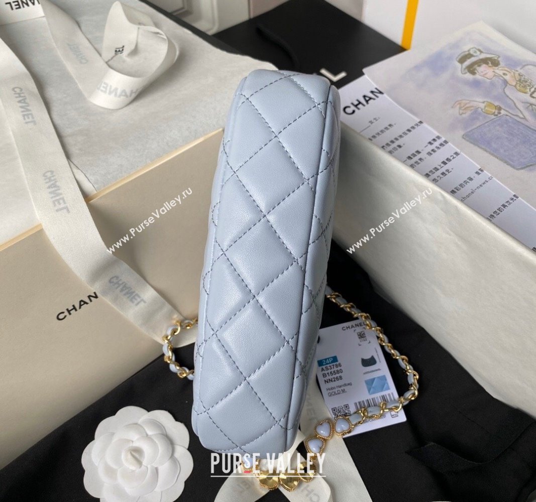 Chanel Shiny Crumpled Calfskin Hobo Clutch with Heart Chain AP3786 Light Blue 2024 (yezi-240717075)