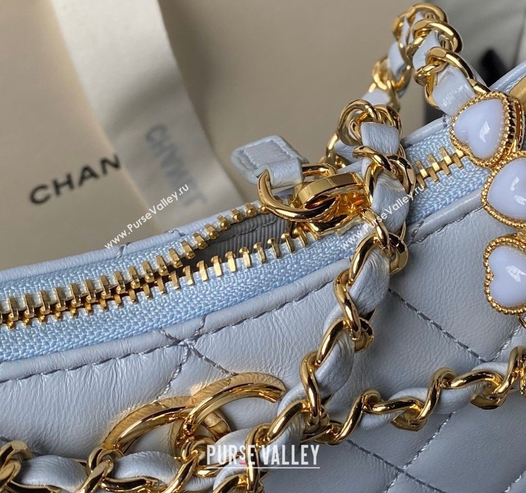 Chanel Shiny Crumpled Calfskin Hobo Clutch with Heart Chain AP3786 Light Blue 2024 (yezi-240717075)