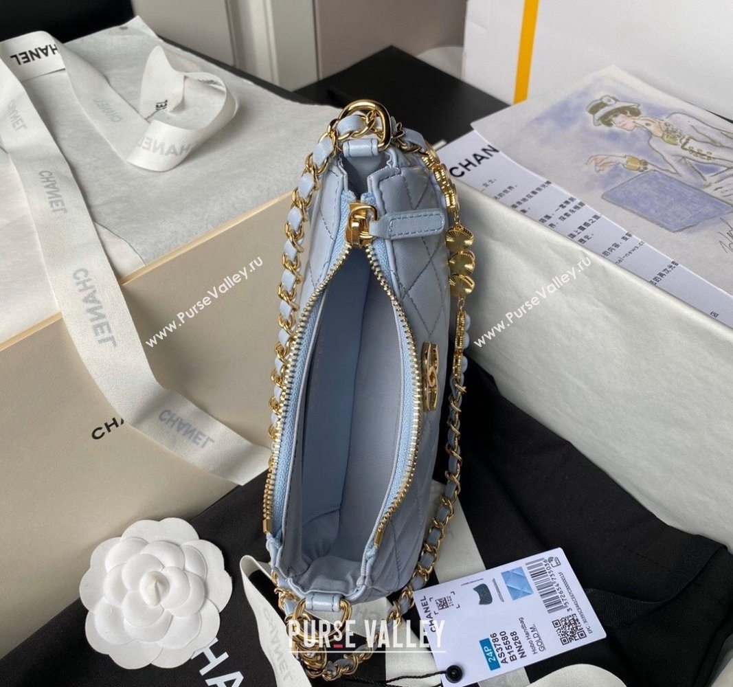 Chanel Shiny Crumpled Calfskin Hobo Clutch with Heart Chain AP3786 Light Blue 2024 (yezi-240717075)