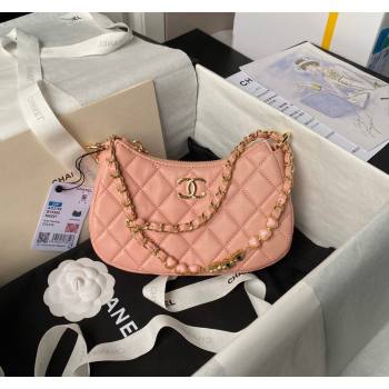 Chanel Shiny Crumpled Calfskin Hobo Clutch with Heart Chain AP3786 Light Pink 2024 (yezi-240717076)