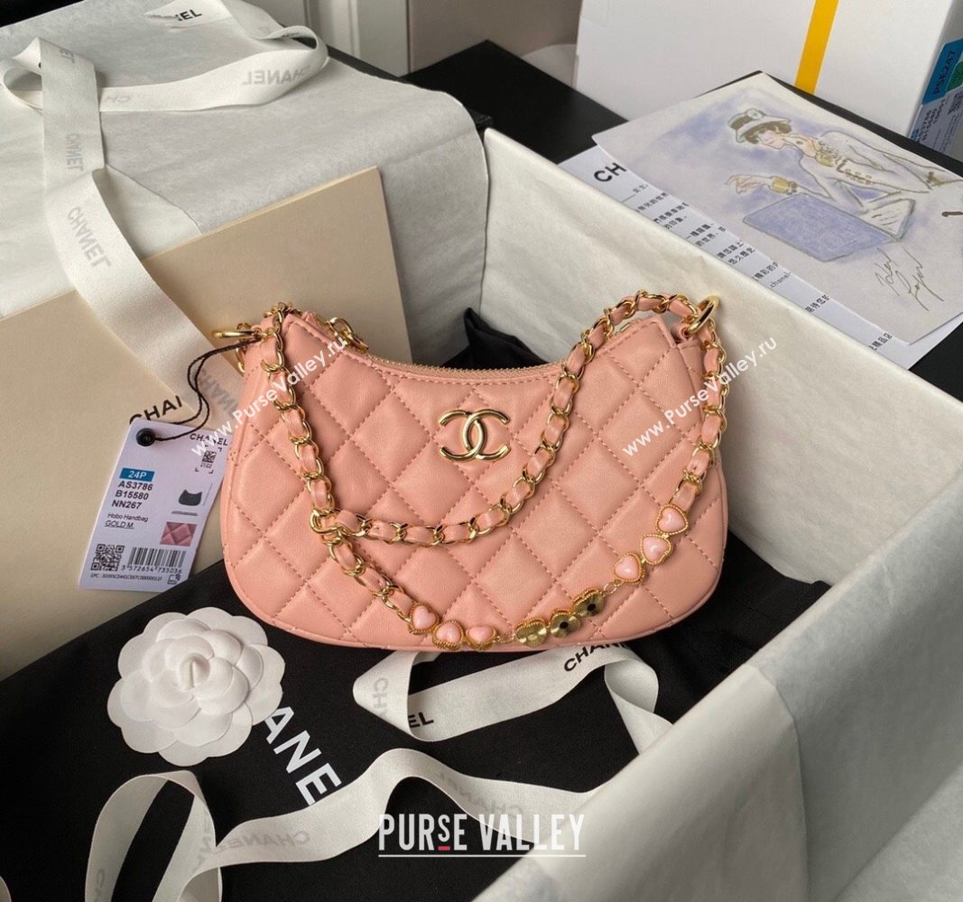 Chanel Shiny Crumpled Calfskin Hobo Clutch with Heart Chain AP3786 Light Pink 2024 (yezi-240717076)