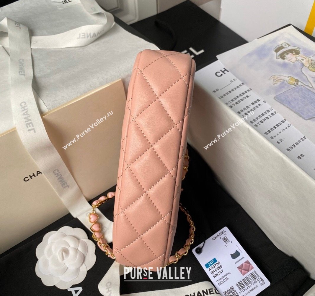 Chanel Shiny Crumpled Calfskin Hobo Clutch with Heart Chain AP3786 Light Pink 2024 (yezi-240717076)