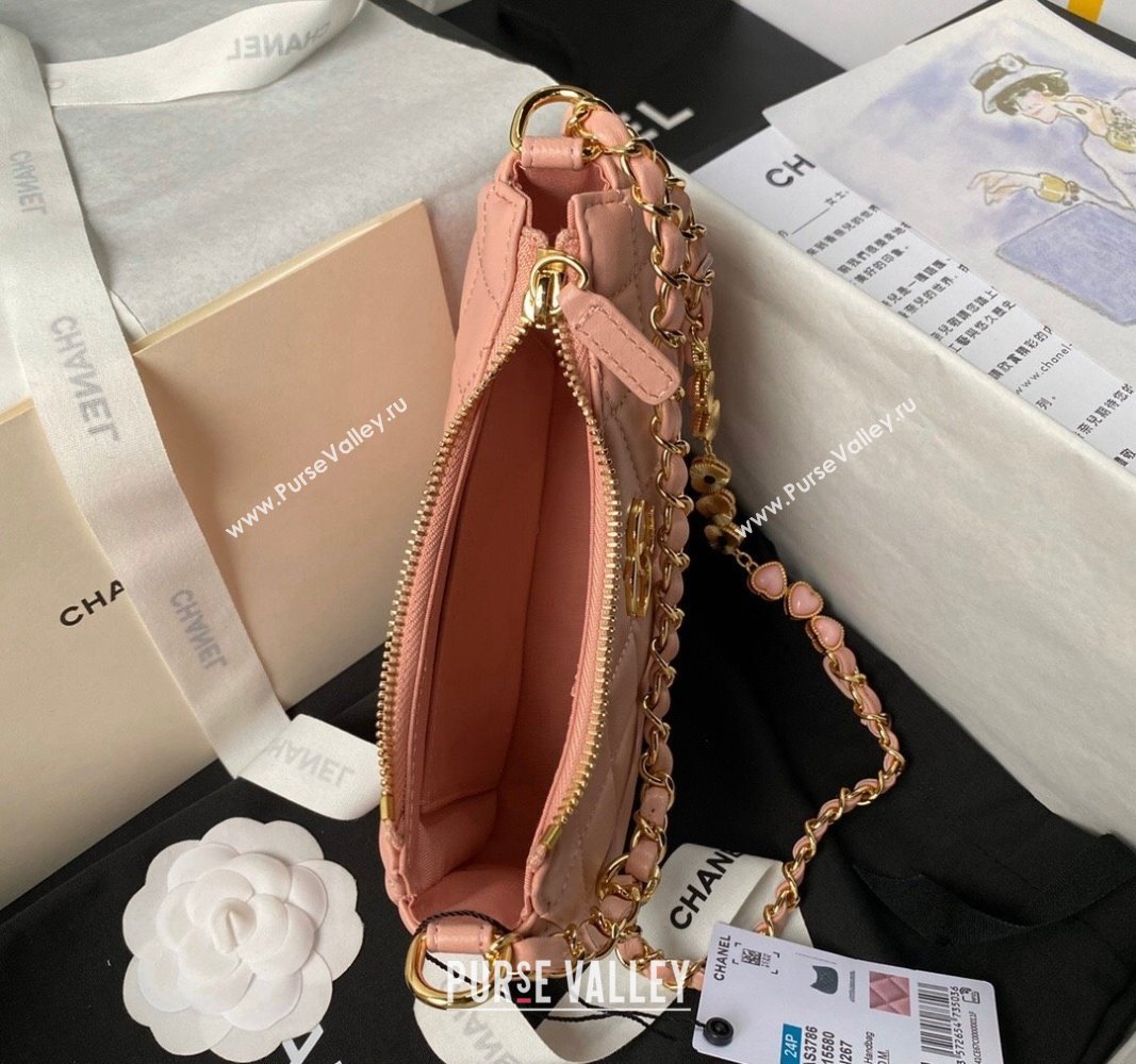 Chanel Shiny Crumpled Calfskin Hobo Clutch with Heart Chain AP3786 Light Pink 2024 (yezi-240717076)