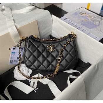 Chanel Shiny Crumpled Calfskin Hobo Clutch with Heart Chain AP3786 Black 2024 (yezi-240717077)