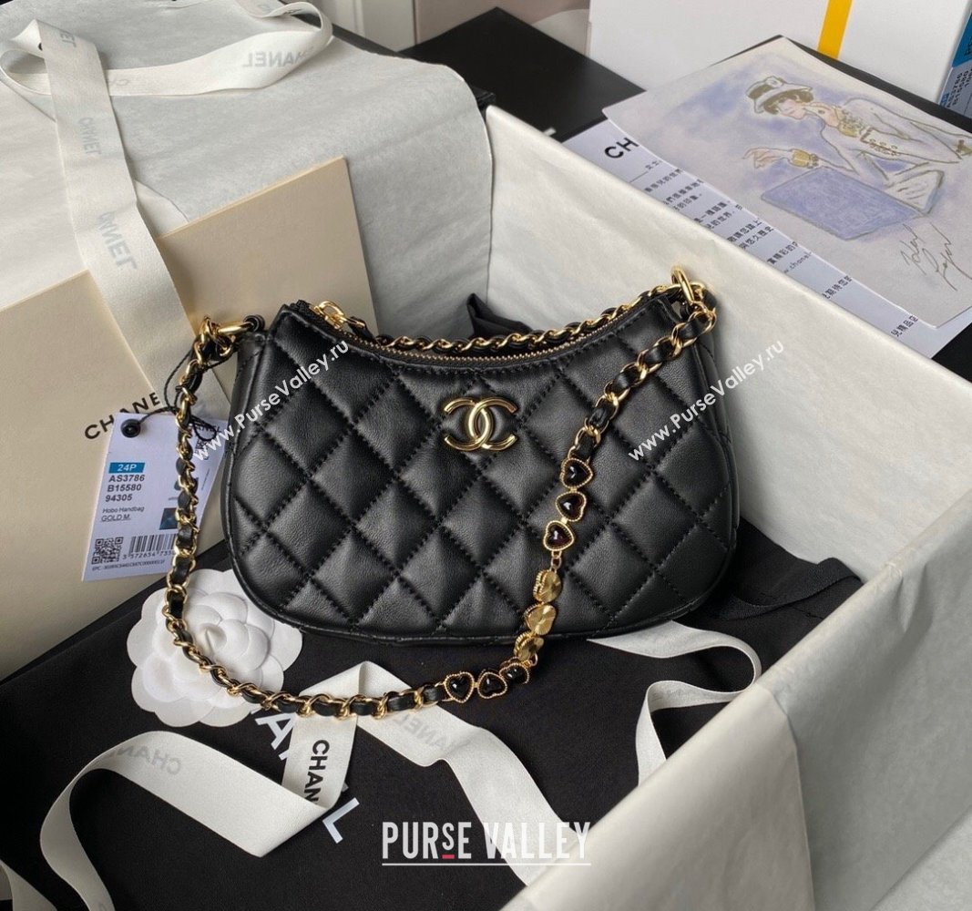 Chanel Shiny Crumpled Calfskin Hobo Clutch with Heart Chain AP3786 Black 2024 (yezi-240717077)