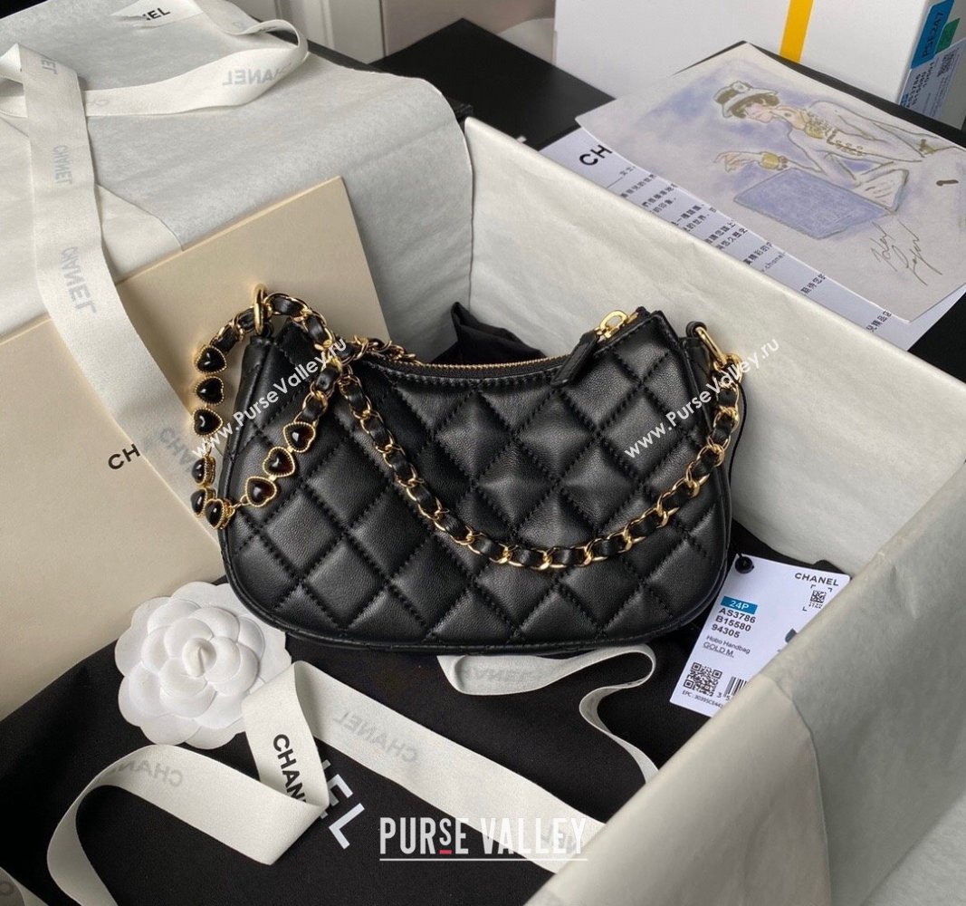 Chanel Shiny Crumpled Calfskin Hobo Clutch with Heart Chain AP3786 Black 2024 (yezi-240717077)