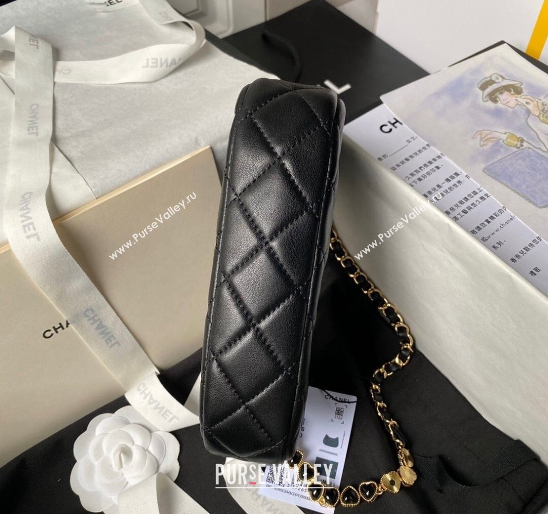 Chanel Shiny Crumpled Calfskin Hobo Clutch with Heart Chain AP3786 Black 2024 (yezi-240717077)