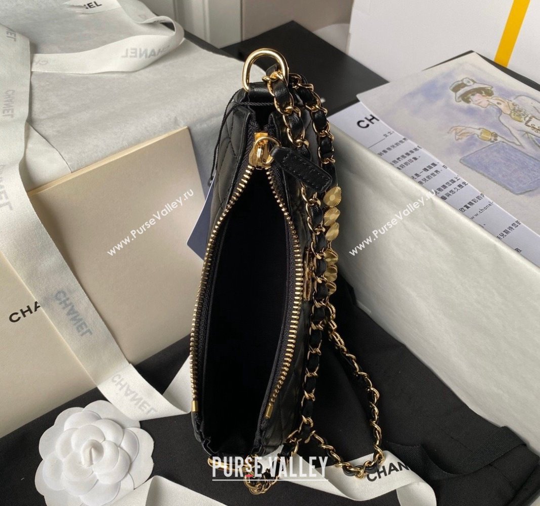 Chanel Shiny Crumpled Calfskin Hobo Clutch with Heart Chain AP3786 Black 2024 (yezi-240717077)