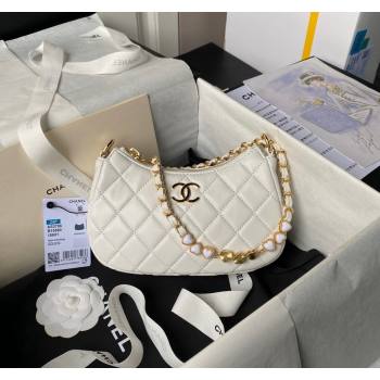 Chanel Shiny Crumpled Calfskin Hobo Clutch with Heart Chain AP3786 White 2024 (yezi-240717078)