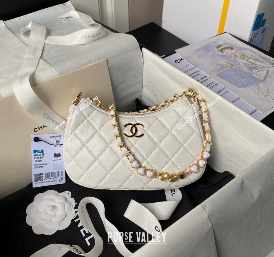 Chanel Shiny Crumpled Calfskin Hobo Clutch with Heart Chain AP3786 White 2024 (yezi-240717078)