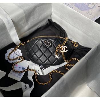 Chanel Shiny Lambskin Waist Bag with CC Charm Chain Black 2024 AP4113 (yezi-240717079)