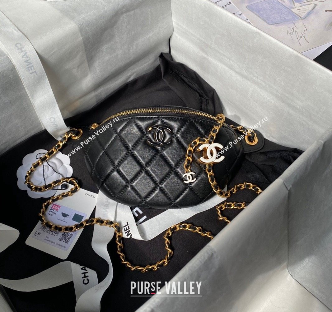 Chanel Shiny Lambskin Waist Bag with CC Charm Chain Black 2024 AP4113 (yezi-240717079)