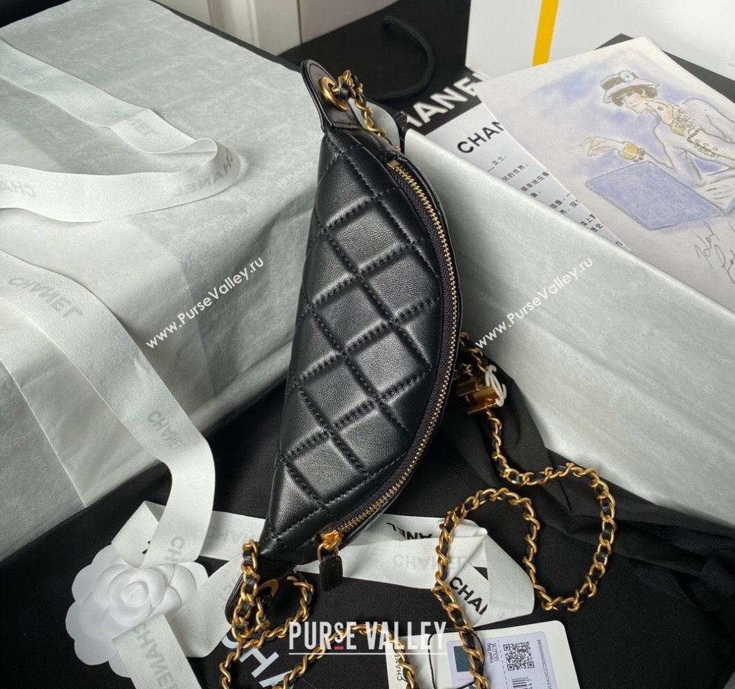 Chanel Shiny Lambskin Waist Bag with CC Charm Chain Black 2024 AP4113 (yezi-240717079)