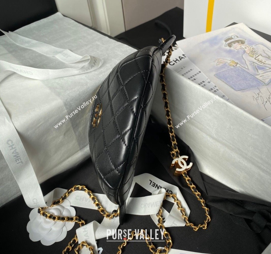 Chanel Shiny Lambskin Waist Bag with CC Charm Chain Black 2024 AP4113 (yezi-240717079)