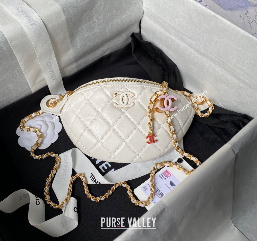 Chanel Shiny Lambskin Waist Bag with CC Charm Chain White 2024 AP4113 (yezi-240717080)