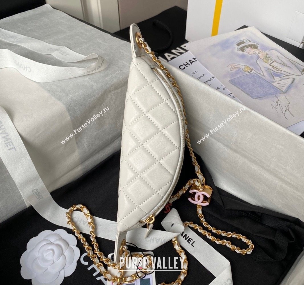 Chanel Shiny Lambskin Waist Bag with CC Charm Chain White 2024 AP4113 (yezi-240717080)