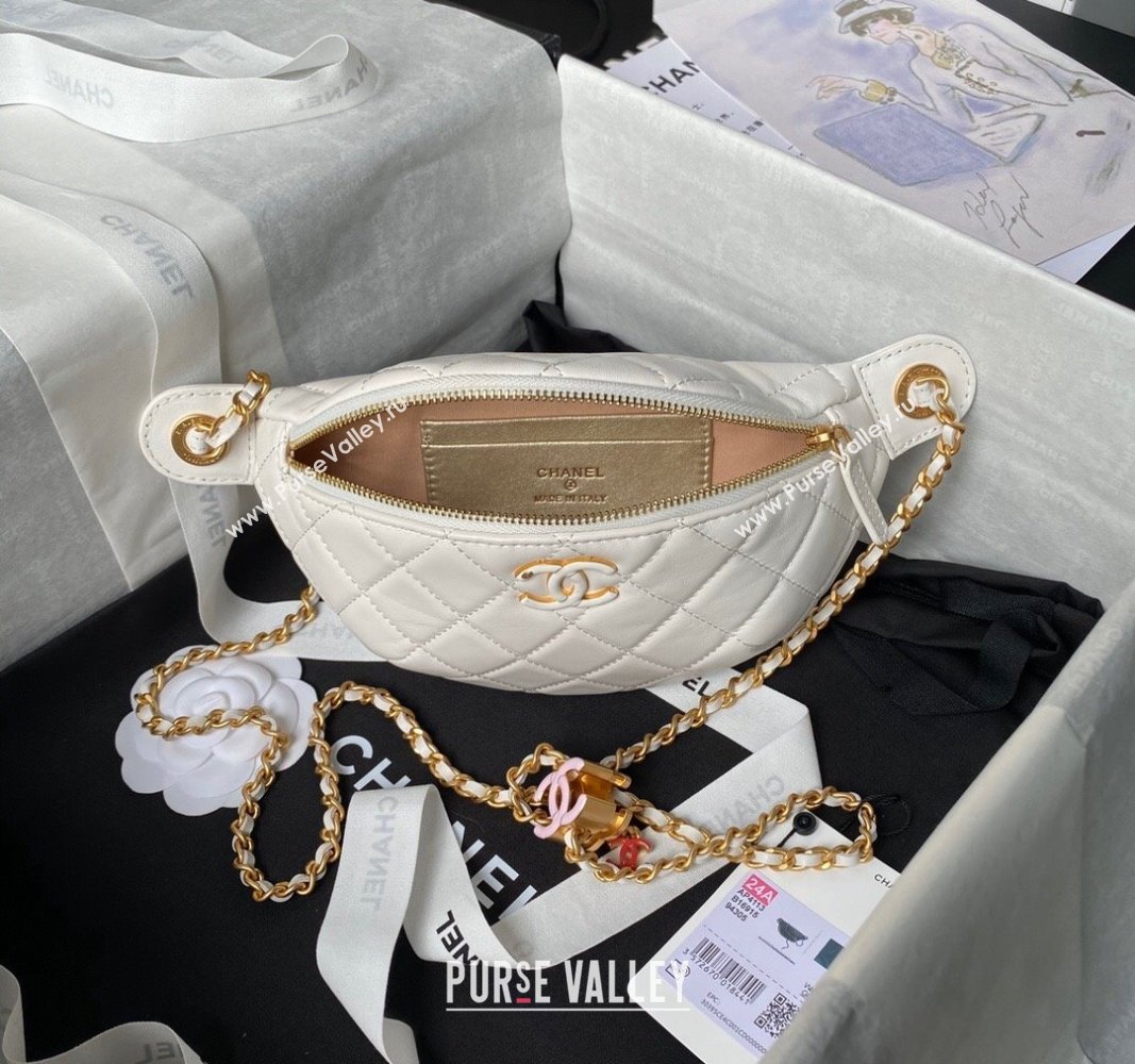 Chanel Shiny Lambskin Waist Bag with CC Charm Chain White 2024 AP4113 (yezi-240717080)