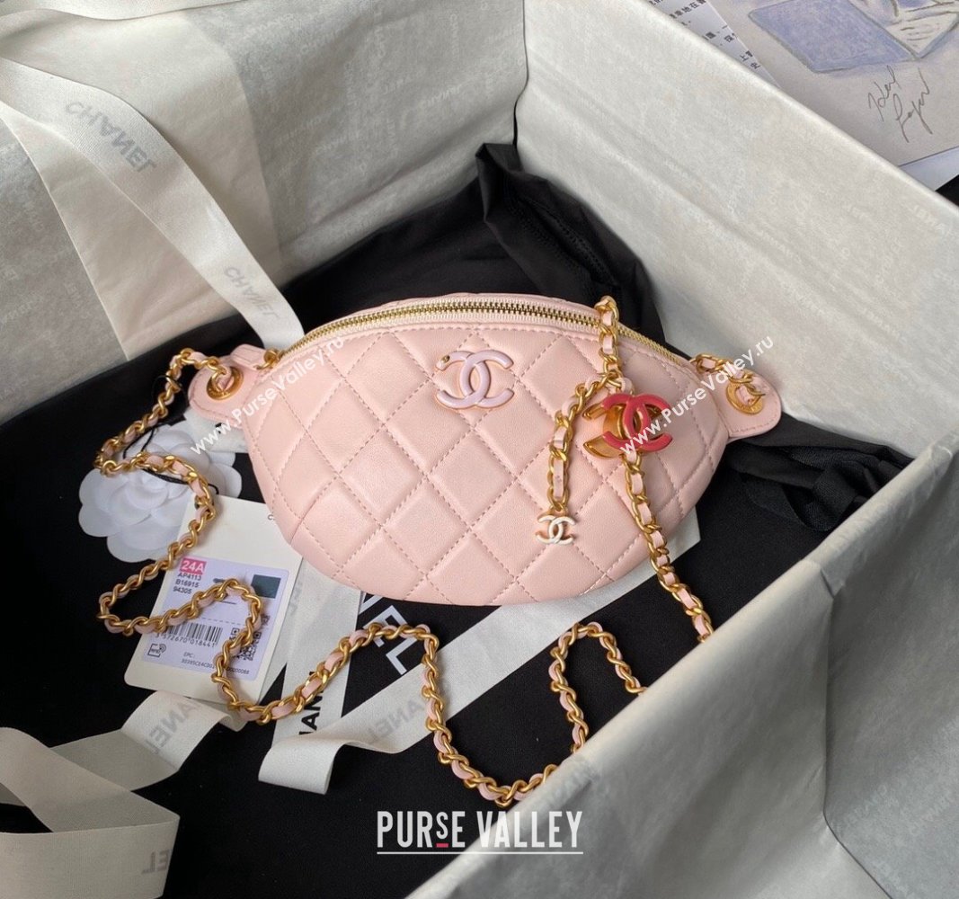 Chanel Shiny Lambskin Waist Bag with CC Charm Chain Light Pink 2024 AP4113 (yezi-240717081)